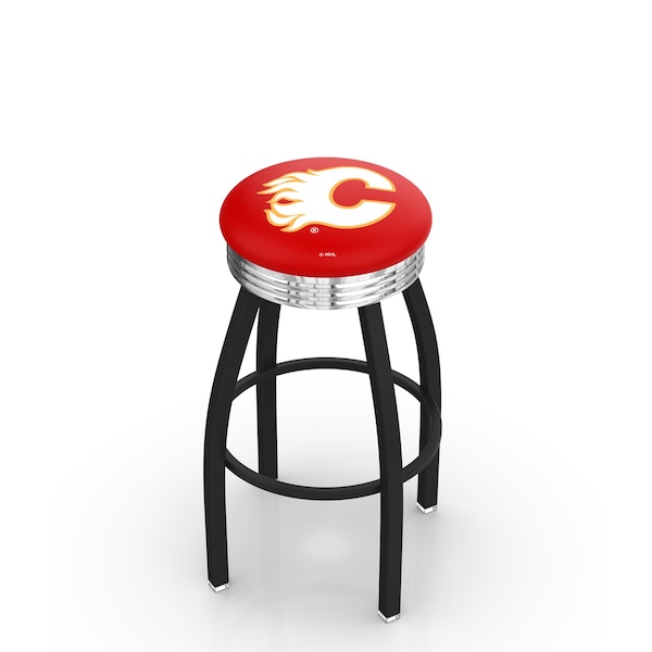 Holland Bar Stool Co 30" Blk Wrinkle Calgary Flames Swivel Bar Stool, Chrome Ring - L8B3C30CALFLA