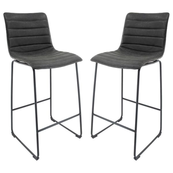 Leisuremod Brooklyn Modern Leather Bar Stool with Black Iron Base and Footrest, Charcoal Black, 2PK - BS29BL2