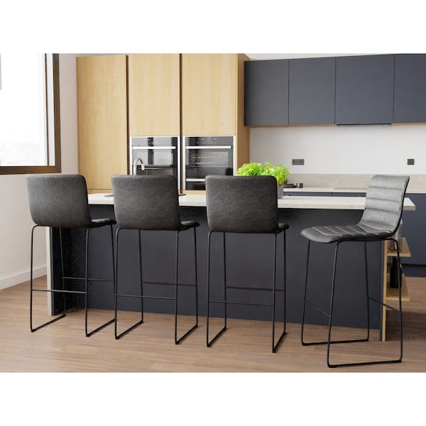 Leisuremod Brooklyn Modern Leather Bar Stool with Black Iron Base and Footrest, Charcoal Black, 2PK - BS29BL2