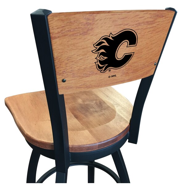 Holland Bar Stool Co 25" Blk Wrinkle Calgary Flames Swivel Bar Stool, Laser Engraved Back - L03825BWMEDMPLACALFLAMEDMPL