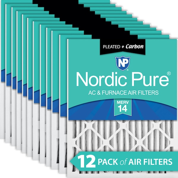 Nordic Pure 18x25x2 Plus Carbon Pleated Air Filter, High Capacity, MERV 14, 12 PK - 18X25X2M14+C-12