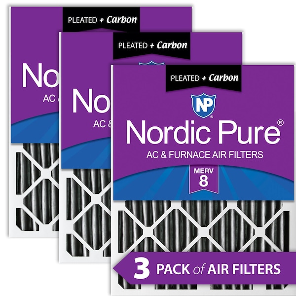 Nordic Pure 24x30x2 Plus Carbon Pleated Air Filter, High Capacity, MERV 8, 3 PK - 24X30X2PM8C-3