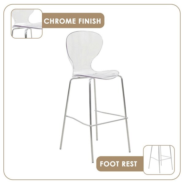 Leisuremod Oyster Acrylic Barstool with Steel Frame in Chrome Finish, Clear - OC31CL