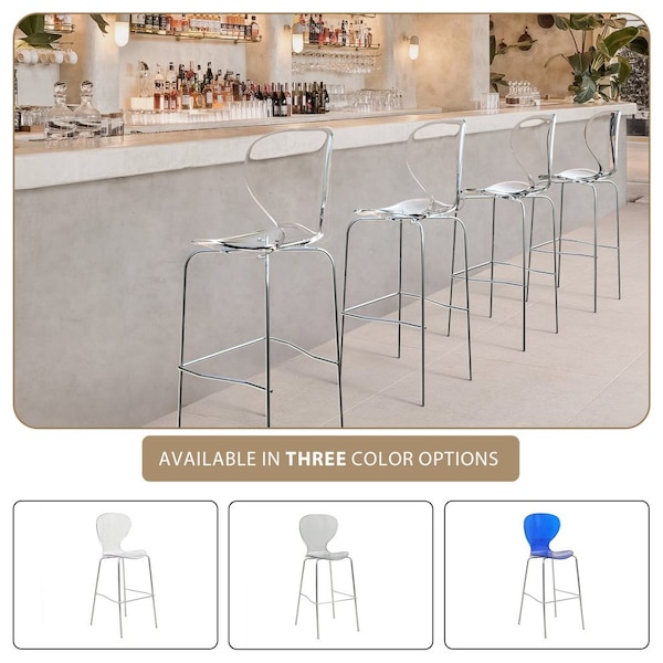 Leisuremod Oyster Acrylic Barstool with Steel Frame in Chrome Finish, Clear - OC31CL