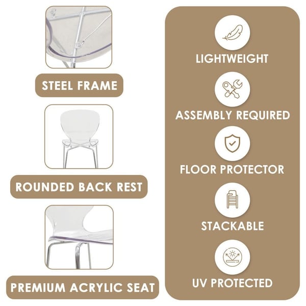 Leisuremod Oyster Acrylic Barstool with Steel Frame in Chrome Finish, Clear - OC31CL