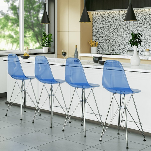 Leisuremod Cresco Modern Acrylic Barstool with Chrome Base and Footrest, Transparent Blue - CB30TBU