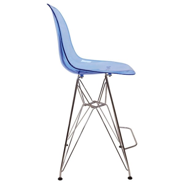 Leisuremod Cresco Modern Acrylic Barstool with Chrome Base and Footrest, Transparent Blue - CB30TBU