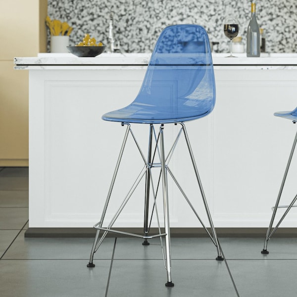 Leisuremod Cresco Modern Acrylic Barstool with Chrome Base and Footrest, Transparent Blue - CB30TBU