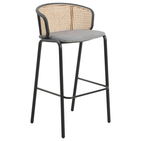 Leisuremod Ervilla Wicker Bar Stool with Fabric Seat and Black Powder Coated Steel Frame, Grey - EBBL-31GR