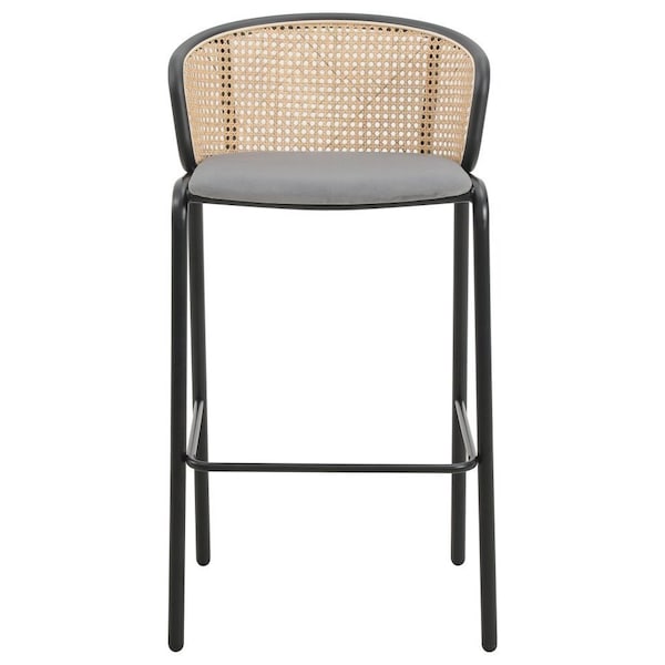 Leisuremod Ervilla Wicker Bar Stool with Fabric Seat and Black Powder Coated Steel Frame, Grey - EBBL-31GR