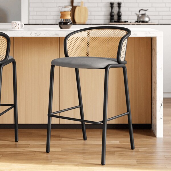 Leisuremod Ervilla Wicker Bar Stool with Fabric Seat and Black Powder Coated Steel Frame, Grey - EBBL-31GR