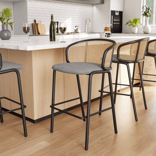 Leisuremod Ervilla Wicker Bar Stool with Fabric Seat and Black Powder Coated Steel Frame, Grey - EBBL-31GR