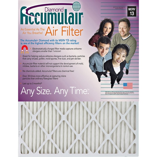 Accumulair 16x25x1 Pleated Air Filter, MERV 11, smaller than one micron, 4 PK - FD16X25_4