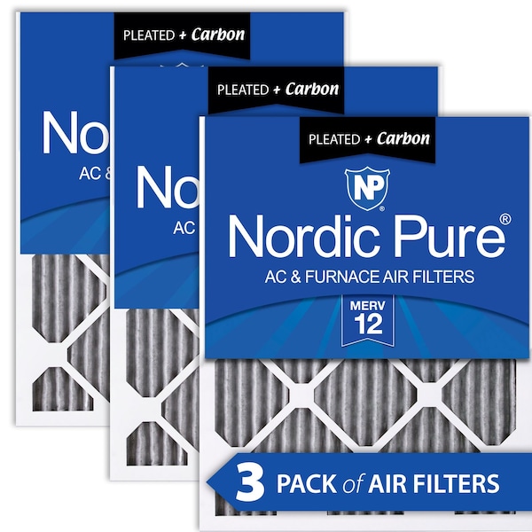 Nordic Pure 14x14x1 Plus Carbon Pleated Air Filter, High Capacity, MERV 12, 3 PK - 14X14X1PM12C-3