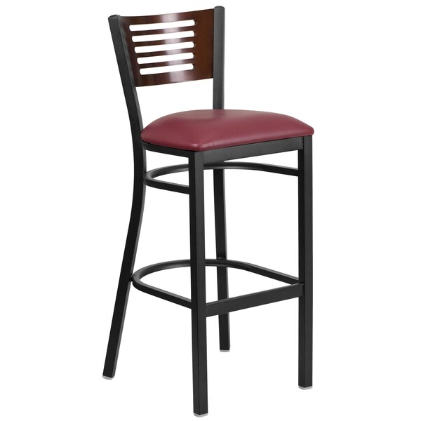 Flash Furniture Slat Stool, Blk/Walnut, Burgundy Vnyl Sea - XU-DG-6H1B-WAL-BAR-BURV-GG