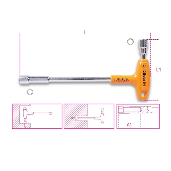 Beta 941 6-Point/12-Point T-Handle Socket Wrench, Metric 10mm x 10mm - 009410110