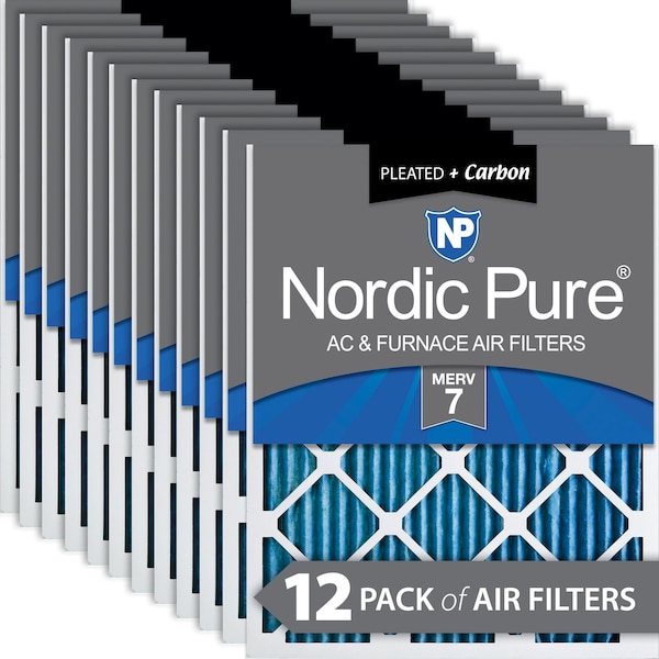 Nordic Pure 14x25x1 Plus Carbon Pleated Air Filter, High Capacity, MERV 7, 12 PK - 14X25X1M7+C-12