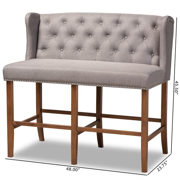 Baxton Studio Alira Grey Upholstered Walnut Wood Button Tufted Bar Stool Bench - 160-9948