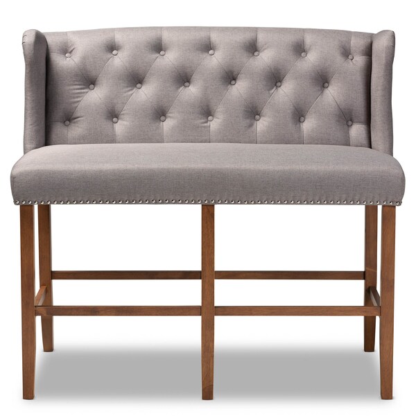 Baxton Studio Alira Grey Upholstered Walnut Wood Button Tufted Bar Stool Bench - 160-9948