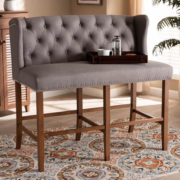 Baxton Studio Alira Grey Upholstered Walnut Wood Button Tufted Bar Stool Bench - 160-9948