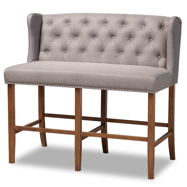 Baxton Studio Alira Grey Upholstered Walnut Wood Button Tufted Bar Stool Bench - 160-9948
