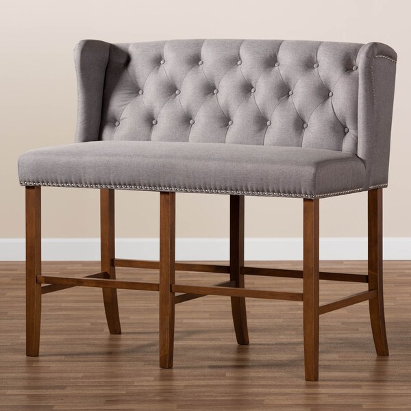 Baxton Studio Alira Grey Upholstered Walnut Wood Button Tufted Bar Stool Bench - 160-9948