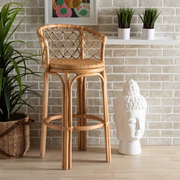 Baxton Studio Orchard Modern Bohemian Natural Brown Rattan Bar Stool - 203-12588