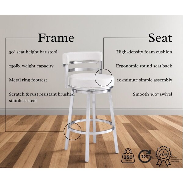 Armen Living Madrid 30" Bar Height Swivel White Faux Leather and Brushed Stainless Steel Bar Stool - LCMABABSWH30