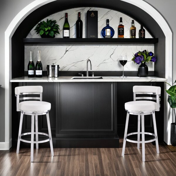 Armen Living Madrid 30" Bar Height Swivel White Faux Leather and Brushed Stainless Steel Bar Stool - LCMABABSWH30