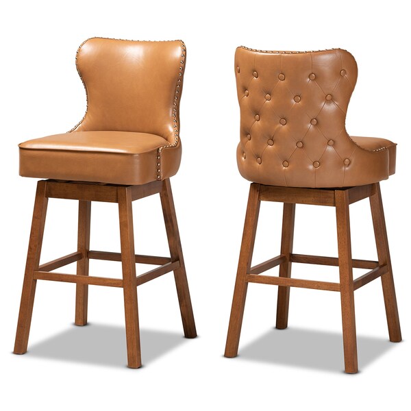 Baxton Studio Gradisca Modern Tan Faux Leather and Walnut Brown Finished Wood 2-PC Swivel Bar Stool Set - 184-11402-ZORO