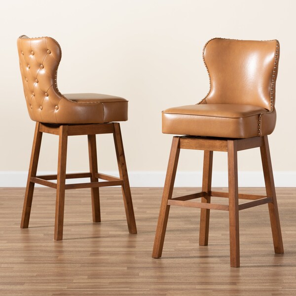 Baxton Studio Gradisca Modern Tan Faux Leather and Walnut Brown Finished Wood 2-PC Swivel Bar Stool Set - 184-11402-ZORO