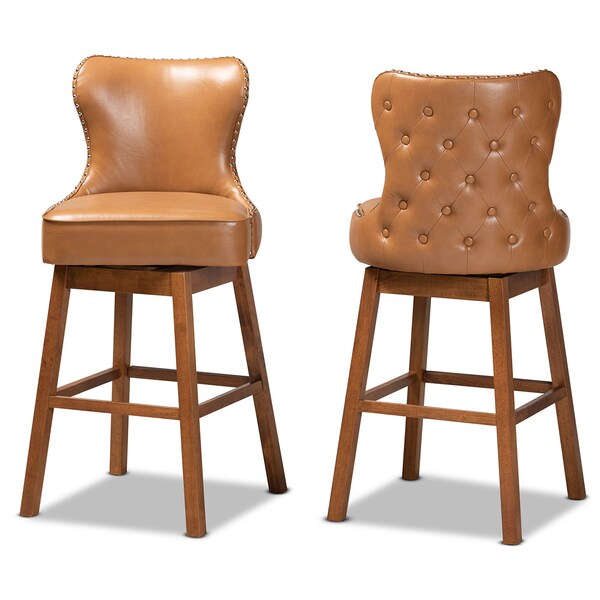 Baxton Studio Gradisca Modern Tan Faux Leather and Walnut Brown Finished Wood 2-PC Swivel Bar Stool Set - 184-11402-ZORO