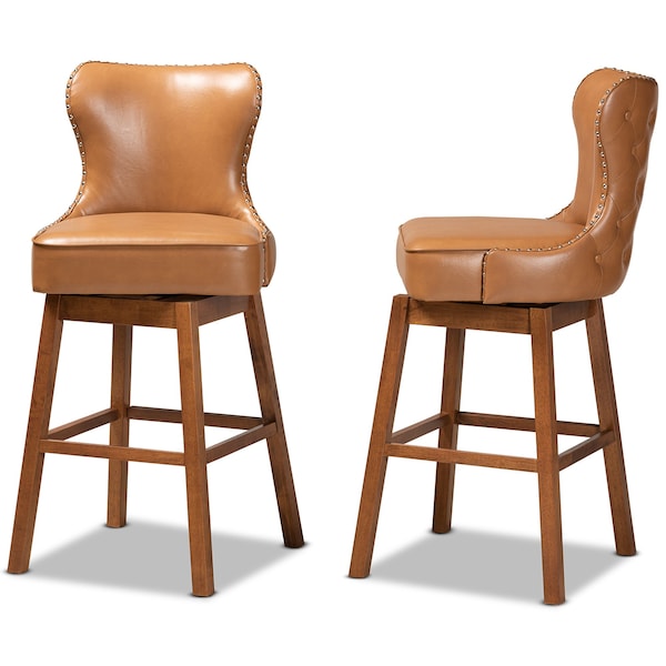 Baxton Studio Gradisca Modern Tan Faux Leather and Walnut Brown Finished Wood 2-PC Swivel Bar Stool Set - 184-11402-ZORO