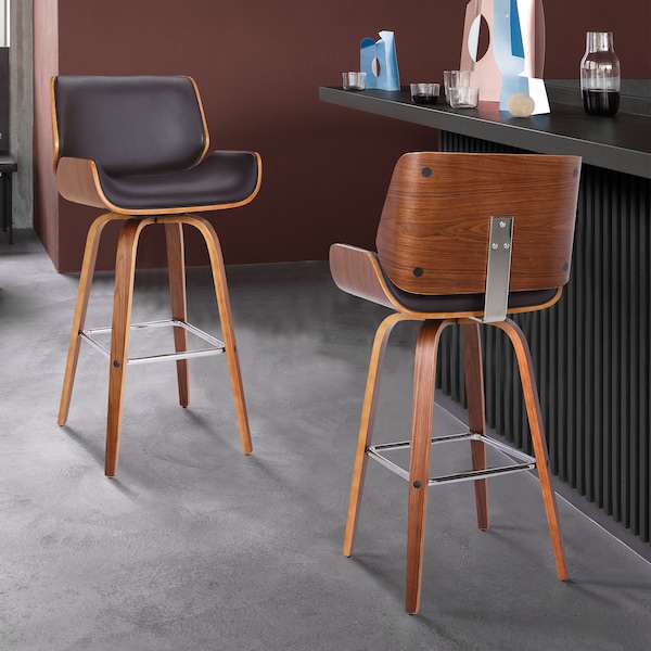 Armen Living Tyler 30" Bar Height Swivel Brown Faux Leather and Walnut Wood Bar Stool - LCTYBABRWA30