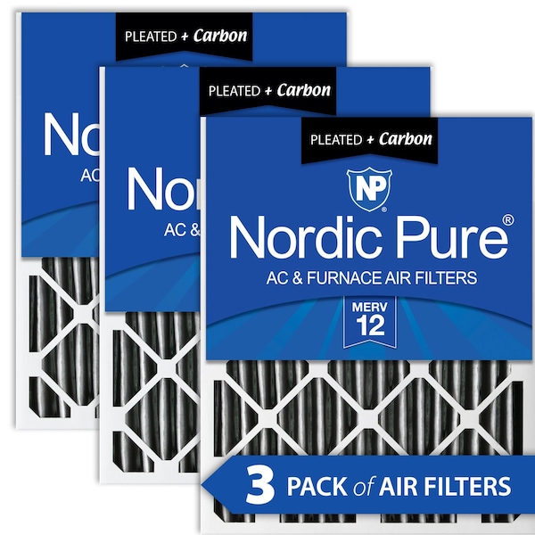 Nordic Pure 16x20x2 Plus Carbon Pleated Air Filter, High Capacity, MERV 12, 3 PK - 16X20X2PM12C-3