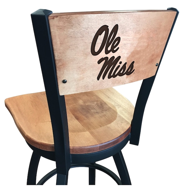 Holland Bar Stool Co 25" Blk Wrinkle Ole' Miss Swivel Bar Stool, Laser Engraved Back - L03825BWMEDMPLAMSSPPUMEDMPL
