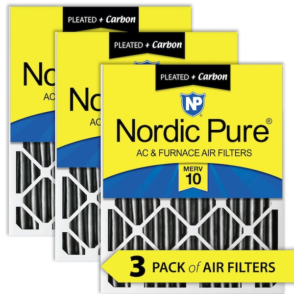 Nordic Pure 18x20x2 Plus Carbon Pleated Air Filter, High Capacity, MERV 10, 3 PK - 18X20X2PM10C-3