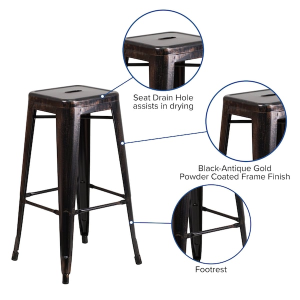 Flash Furniture 30" High No Back Black-Gold Square Metal Barstool - CH-31320-30-BQ-GG