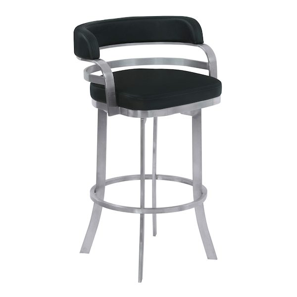 Armen Living Prinz 30" Bar Height Swivel Black Faux Leather and Brushed Stainless Steel Bar Stool - LCPRBABLBS30