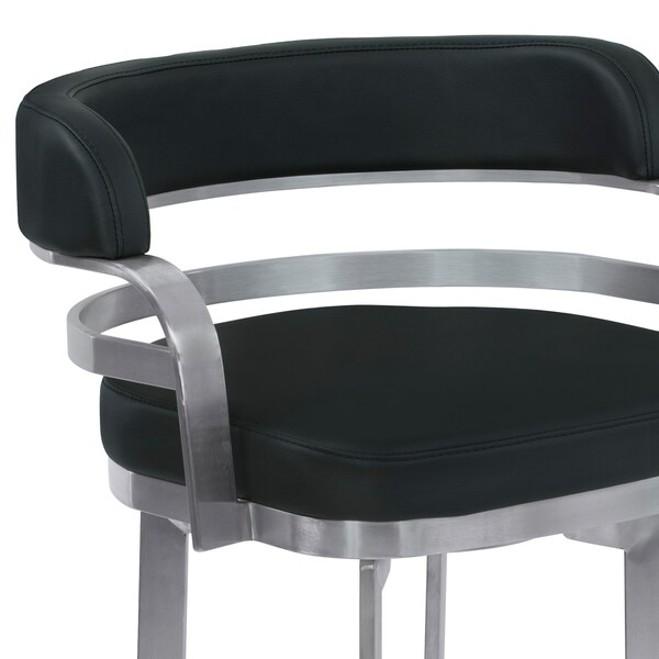 Armen Living Prinz 30" Bar Height Swivel Black Faux Leather and Brushed Stainless Steel Bar Stool - LCPRBABLBS30