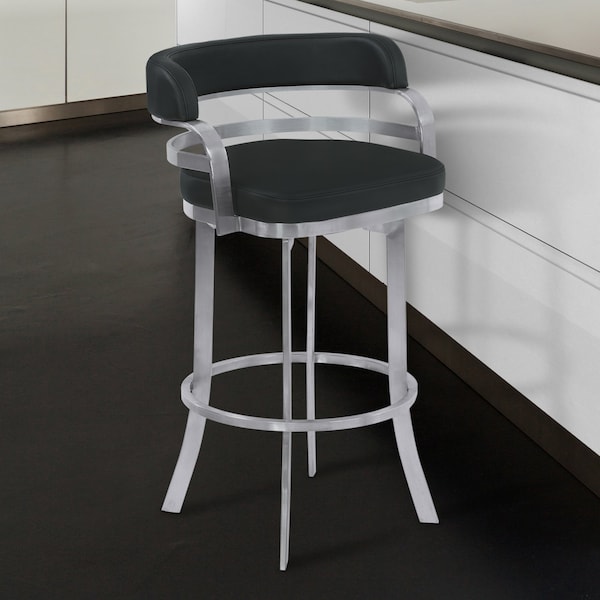 Armen Living Prinz 30" Bar Height Swivel Black Faux Leather and Brushed Stainless Steel Bar Stool - LCPRBABLBS30
