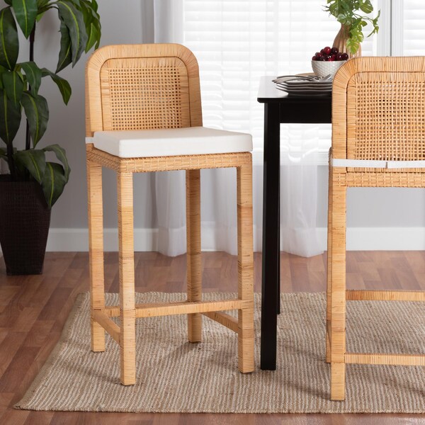 Baxton Studio Zariah Modern Bohemian Natural Brown Rattan and Mahogany Wood Bar Stool - 233-13172-ZORO