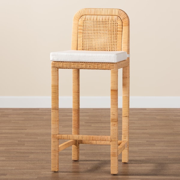 Baxton Studio Zariah Modern Bohemian Natural Brown Rattan and Mahogany Wood Bar Stool - 233-13172-ZORO