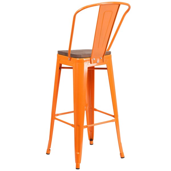 Flash Furniture Orange Metal Barstool with Back and Wood Seat, 30" High, PK4 - 4-CH-31320-30GB-OR-WD-GG