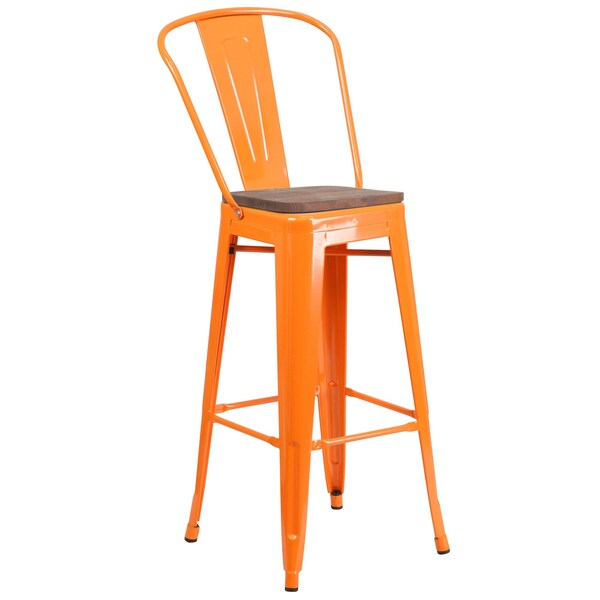 Flash Furniture Orange Metal Barstool with Back and Wood Seat, 30" High, PK4 - 4-CH-31320-30GB-OR-WD-GG