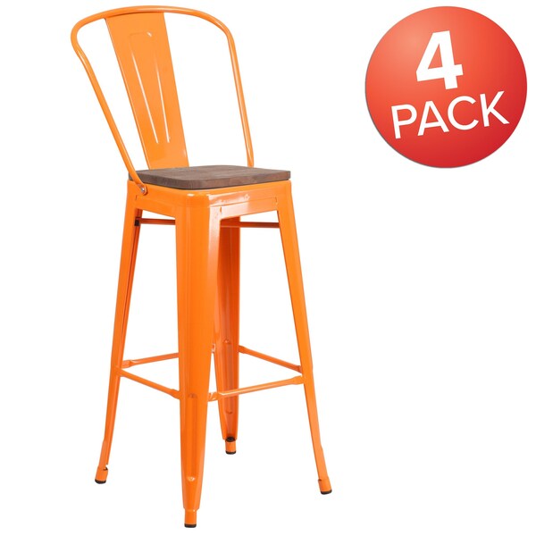 Flash Furniture Orange Metal Barstool with Back and Wood Seat, 30" High, PK4 - 4-CH-31320-30GB-OR-WD-GG