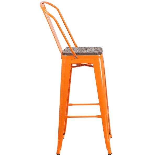 Flash Furniture Orange Metal Barstool with Back and Wood Seat, 30" High, PK4 - 4-CH-31320-30GB-OR-WD-GG