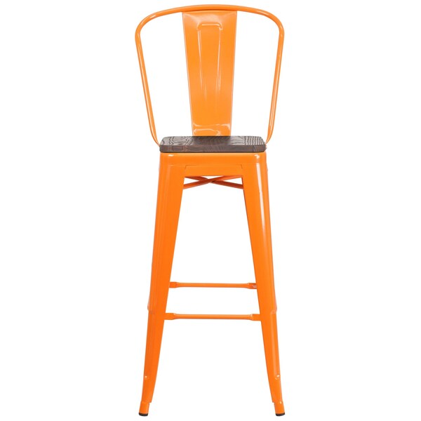 Flash Furniture Orange Metal Barstool with Back and Wood Seat, 30" High, PK4 - 4-CH-31320-30GB-OR-WD-GG