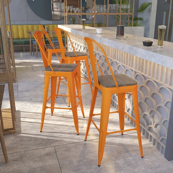 Flash Furniture Orange Metal Barstool with Back and Wood Seat, 30" High, PK4 - 4-CH-31320-30GB-OR-WD-GG