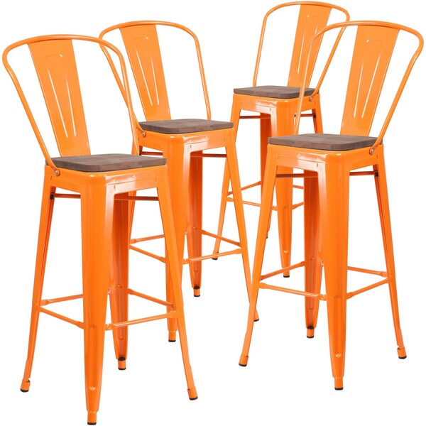 Flash Furniture Orange Metal Barstool with Back and Wood Seat, 30" High, PK4 - 4-CH-31320-30GB-OR-WD-GG